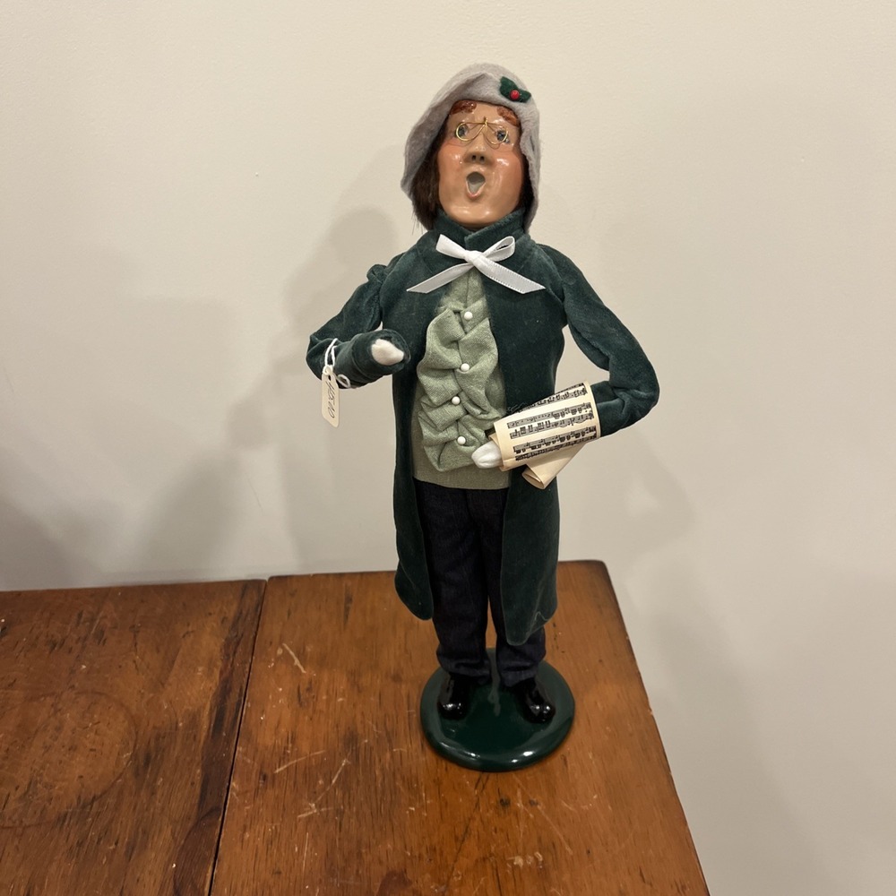 1989 BYERS CHOICE CHRISTMAS CAROLER Brown Hair Man Glasses Green Ruffle Outfit